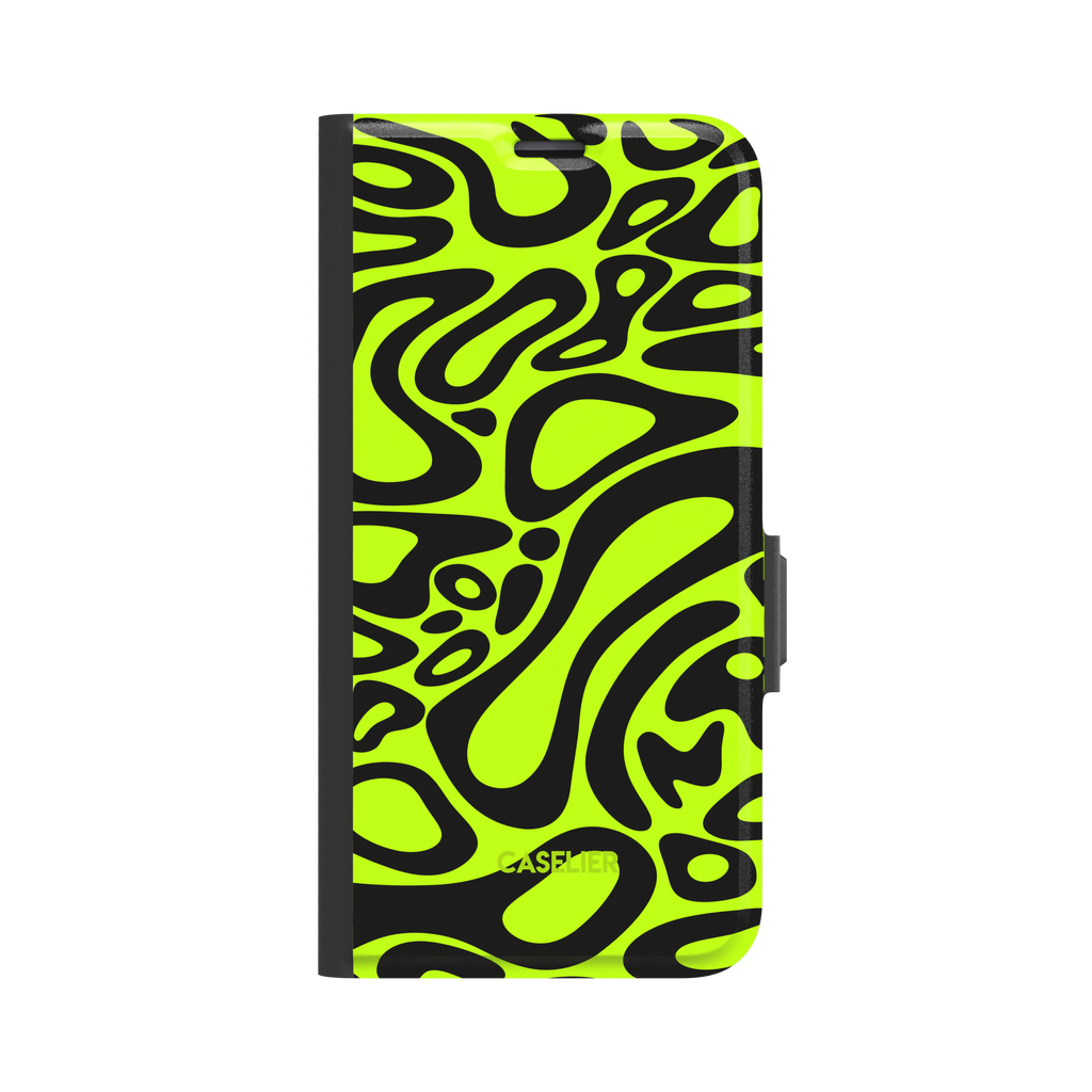 Lando Norris phone case with neon yellow-green and black abstract swirl pattern covering the full case, glossy finish, phone case by Caselier - wallet case, front view | Caselier