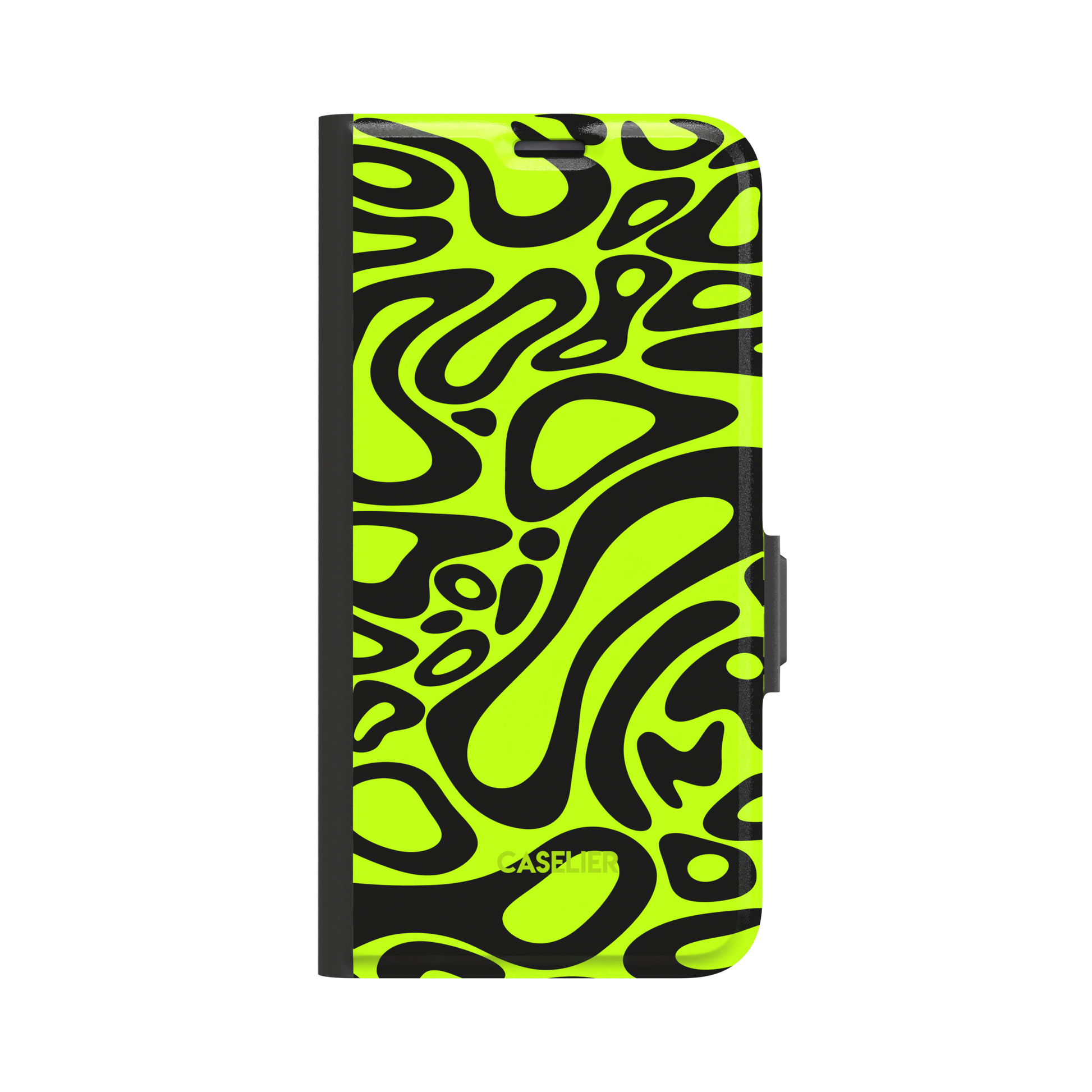 Lando Norris phone case with neon yellow-green and black abstract swirl pattern covering the full case, glossy finish, phone case by Caselier - wallet case, front view | Caselier