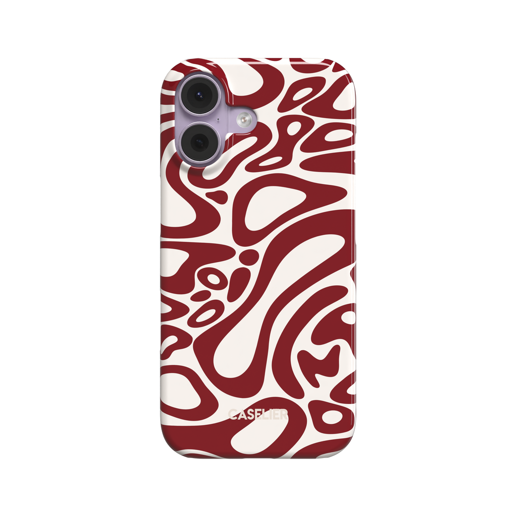 Lando Norris phone case in deep red and off-white abstract swirl pattern with bold fluid curves covering the entire case, phone case by Caselier - snap case, front view | Caselier