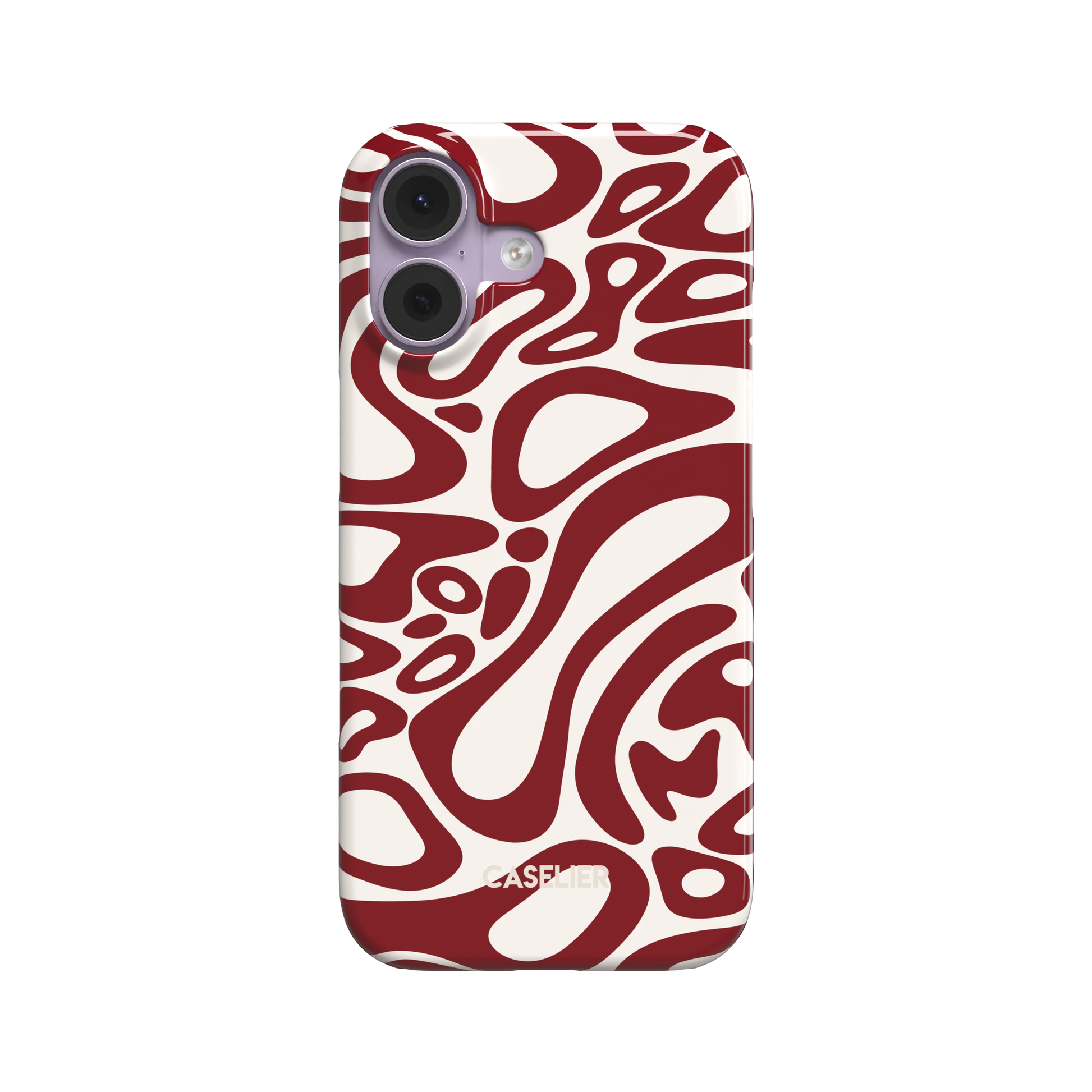 Lando Norris phone case in deep red and off-white abstract swirl pattern with bold fluid curves covering the entire case, phone case by Caselier - snap case, front view | Caselier