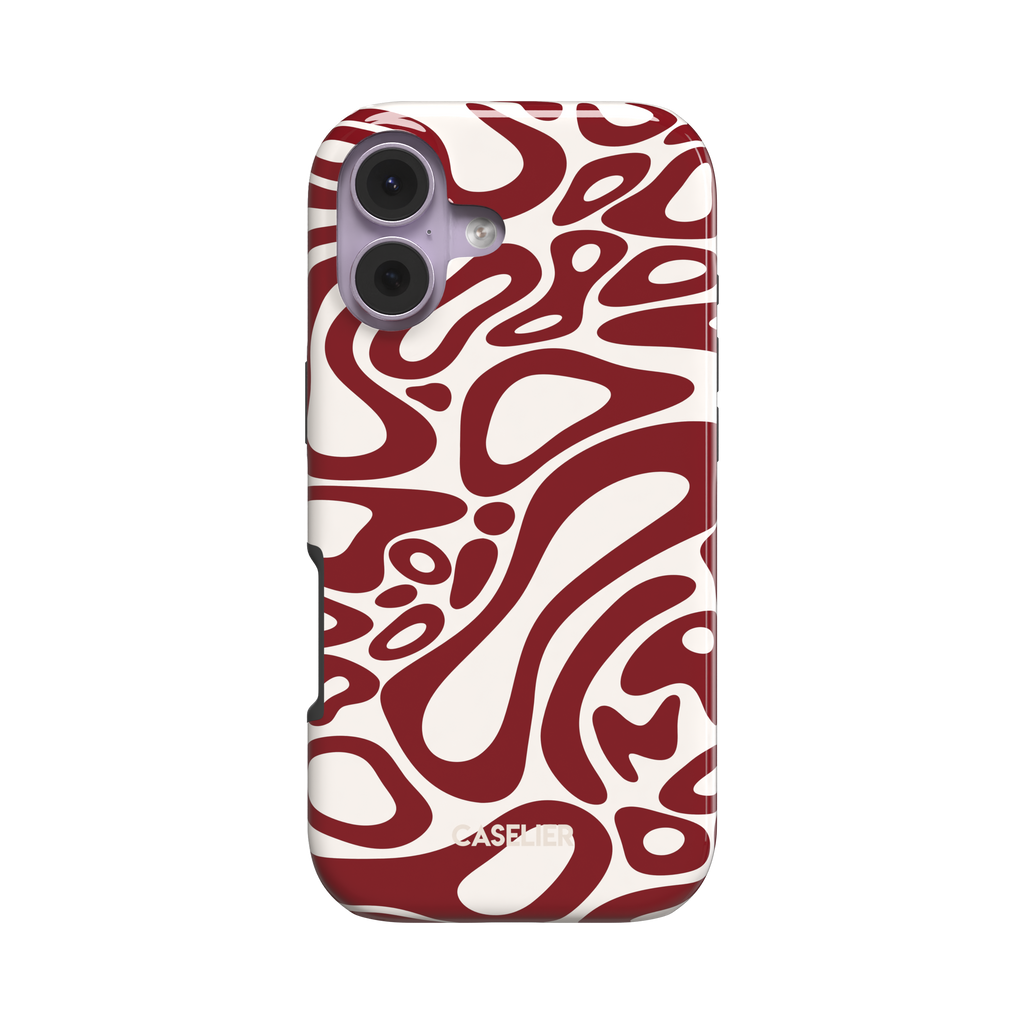 Lando Norris phone case in deep red and off-white abstract swirl pattern with bold fluid curves covering the entire case, phone case by Caselier - tough case, front view | Caselier
