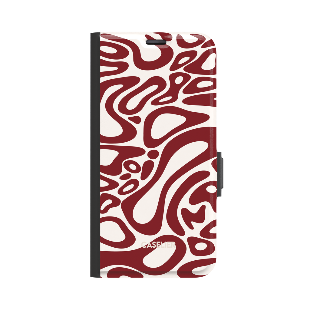 Lando Norris phone case in deep red and off-white abstract swirl pattern with bold fluid curves covering the entire case, phone case by Caselier - wallet case, front view | Caselier