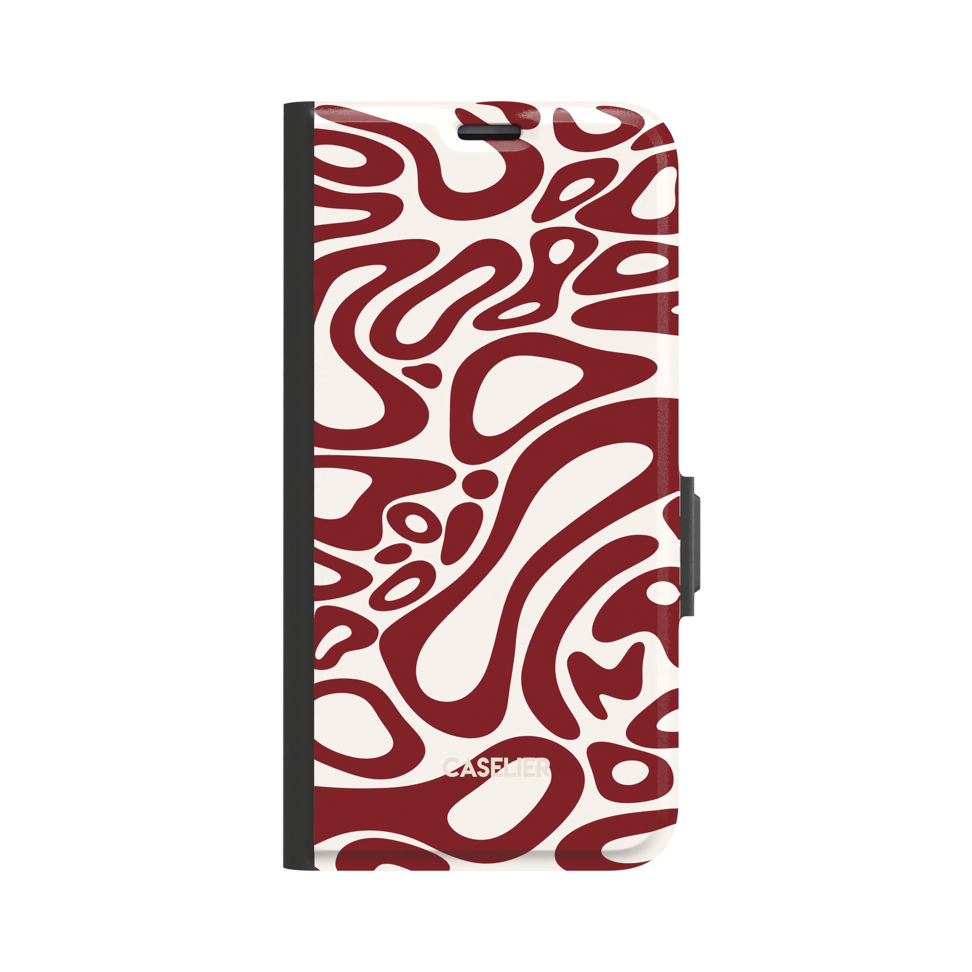 Lando Norris phone case in deep red and off-white abstract swirl pattern with bold fluid curves covering the entire case, phone case by Caselier - wallet case, front view | Caselier