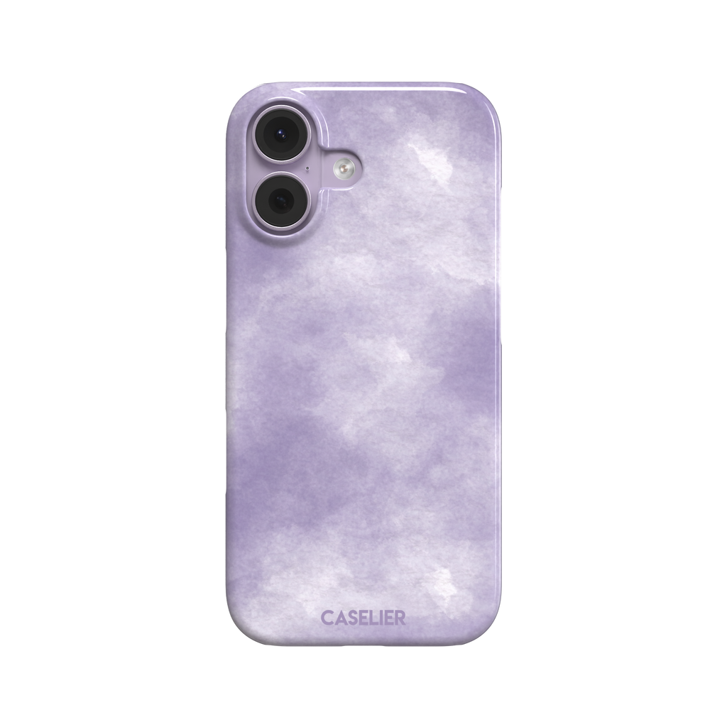 Lavender soft purple watercolor phone case with dreamy white cloud-like blends on an iPhone, phone case by Caselier — snap case, front view