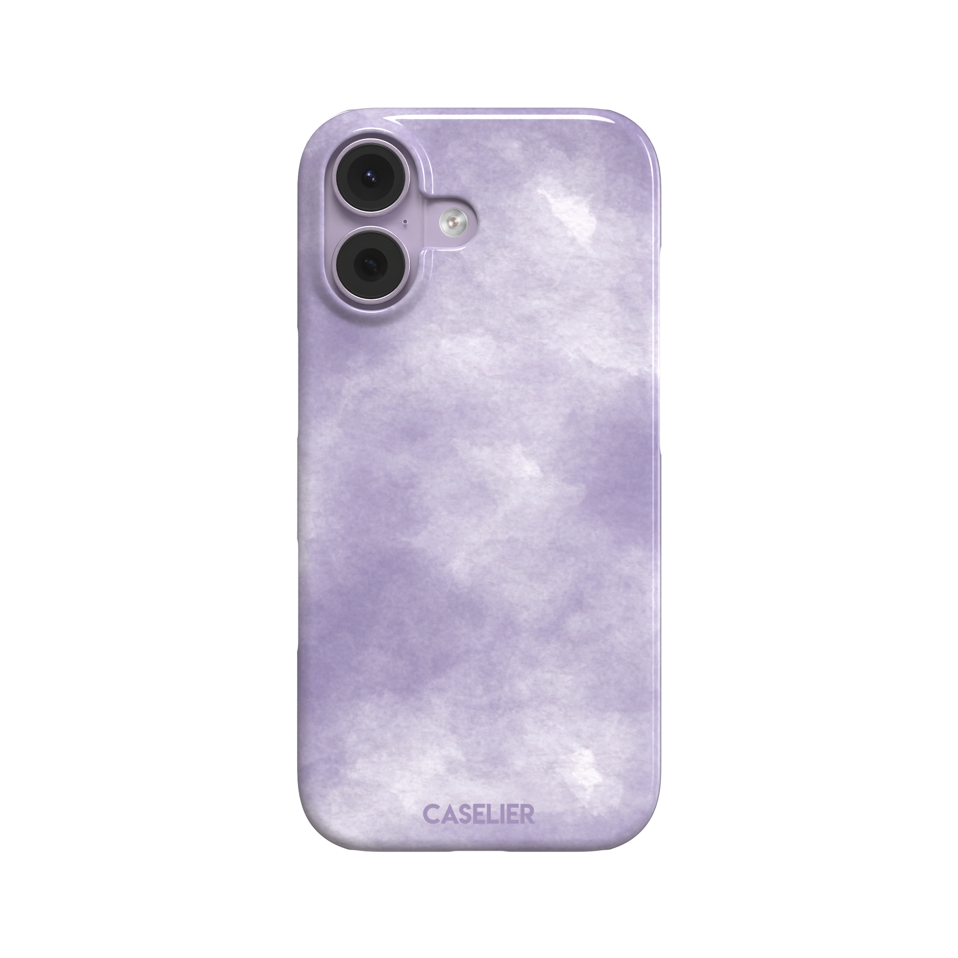 Lavender soft purple watercolor phone case with dreamy white cloud-like blends on an iPhone, phone case by Caselier — snap case, front view