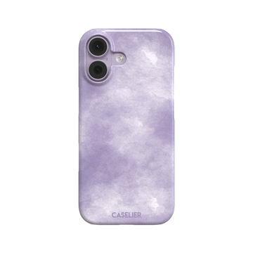 Lavender soft purple watercolor phone case with dreamy white cloud-like blends on an iPhone, phone case by Caselier — snap case, front view