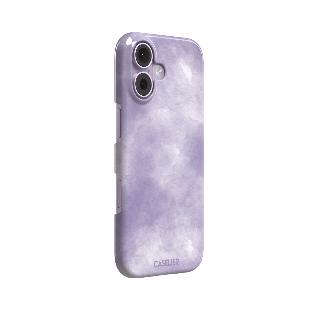 Lavender soft purple watercolor phone case with dreamy white cloud-like blends on an iPhone, phone case by Caselier — snap case, left view