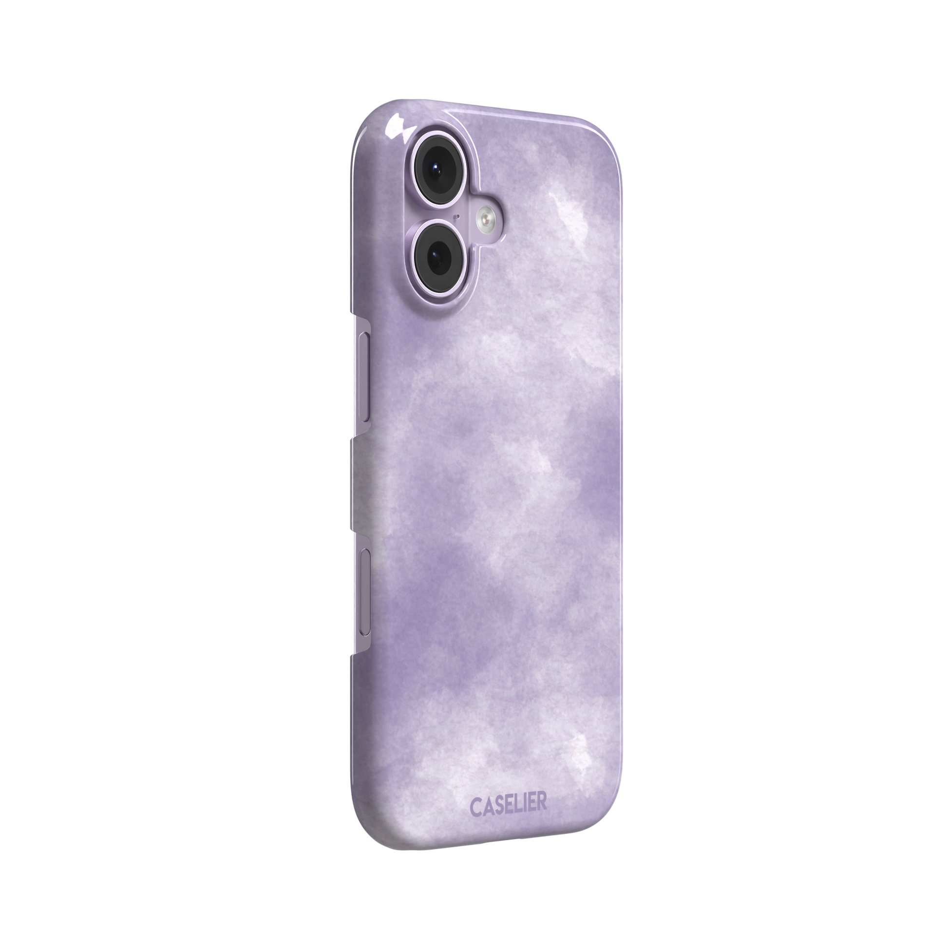 Lavender soft purple watercolor phone case with dreamy white cloud-like blends on an iPhone, phone case by Caselier — snap case, left view