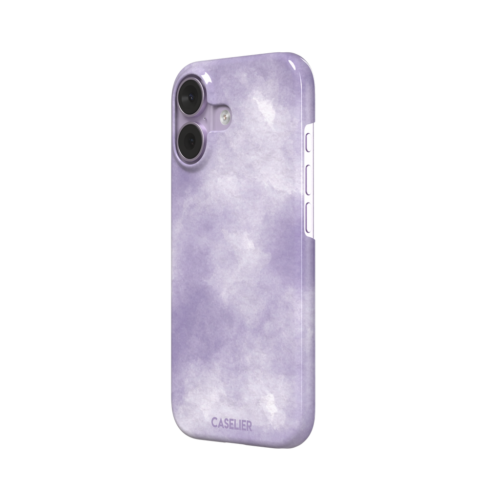 Lavender soft purple watercolor phone case with dreamy white cloud-like blends on an iPhone, phone case by Caselier — snap case, right view