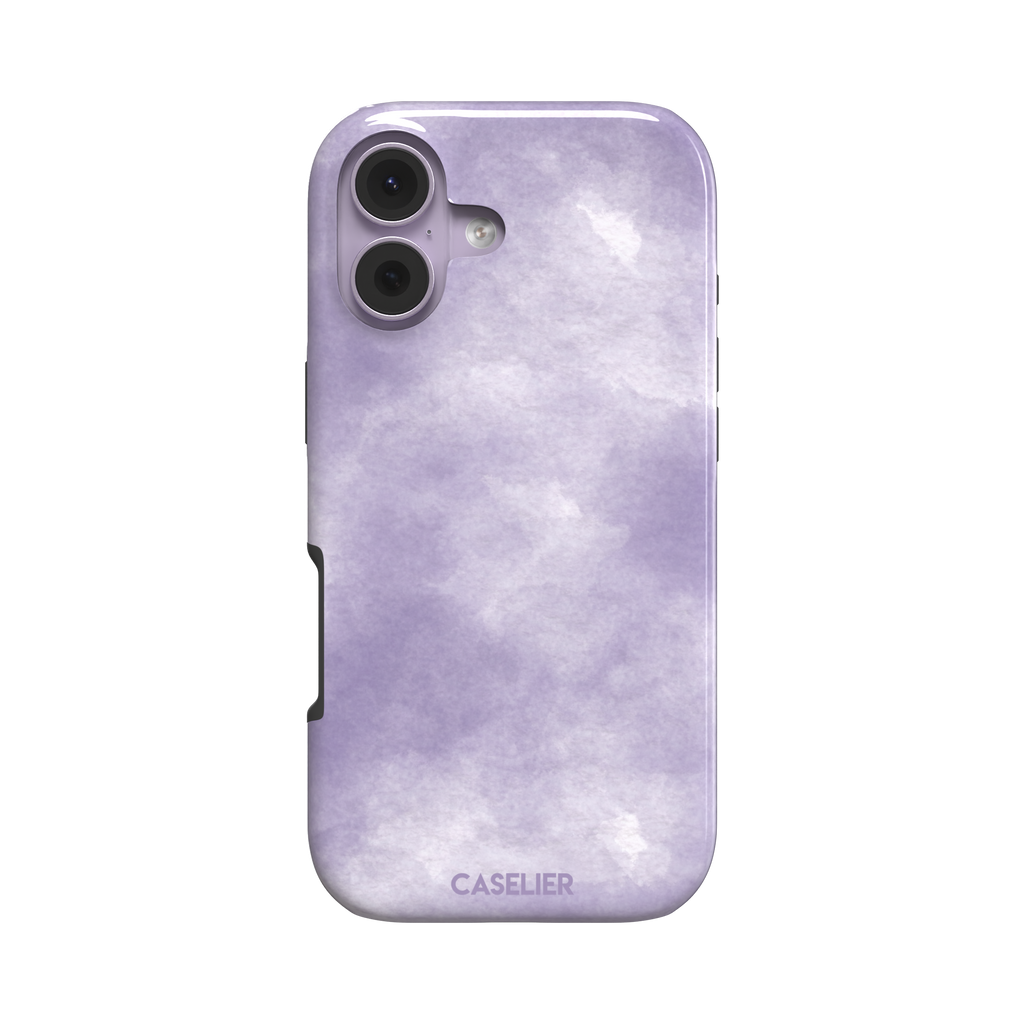 Lavender soft purple watercolor phone case with dreamy white cloud-like blends on an iPhone, phone case by Caselier — tough case, front view