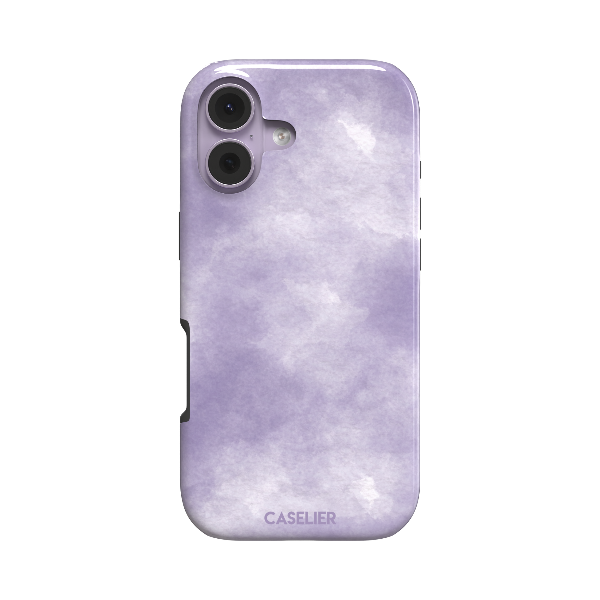 Lavender soft purple watercolor phone case with dreamy white cloud-like blends on an iPhone, phone case by Caselier — tough case, front view