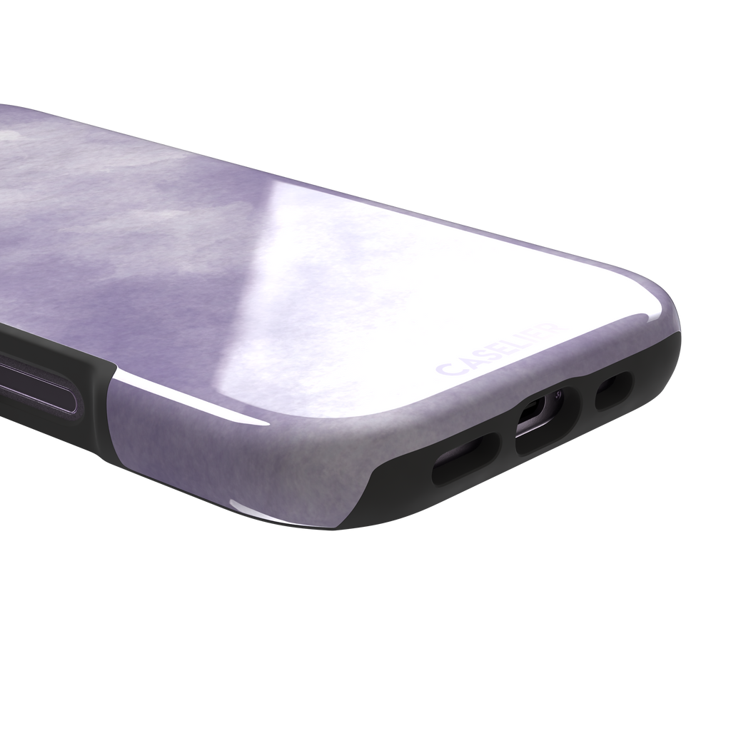 Lavender soft purple watercolor phone case with dreamy white cloud-like blends on an iPhone, phone case by Caselier — tough case, charging port detail