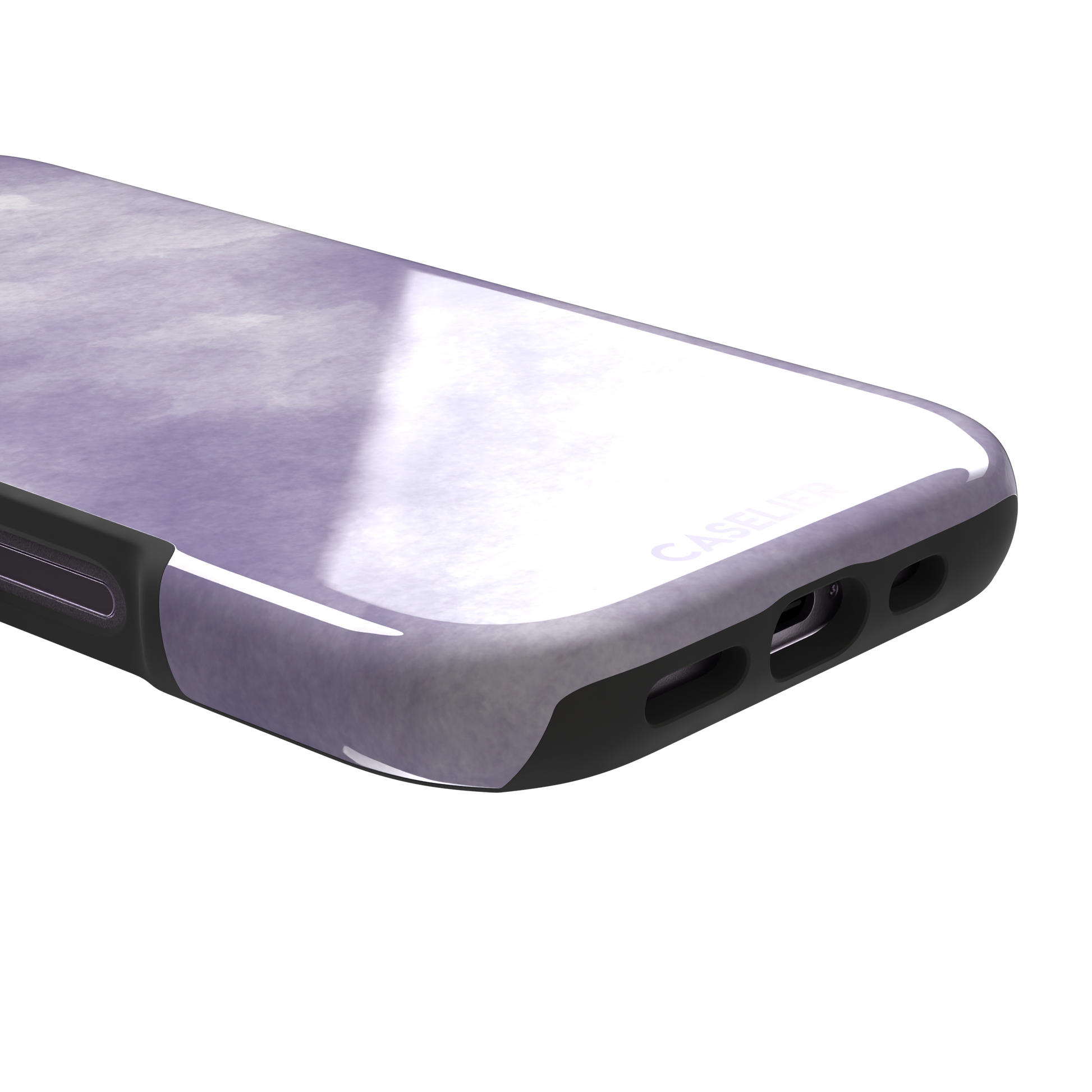 Lavender soft purple watercolor phone case with dreamy white cloud-like blends on an iPhone, phone case by Caselier — tough case, charging port detail