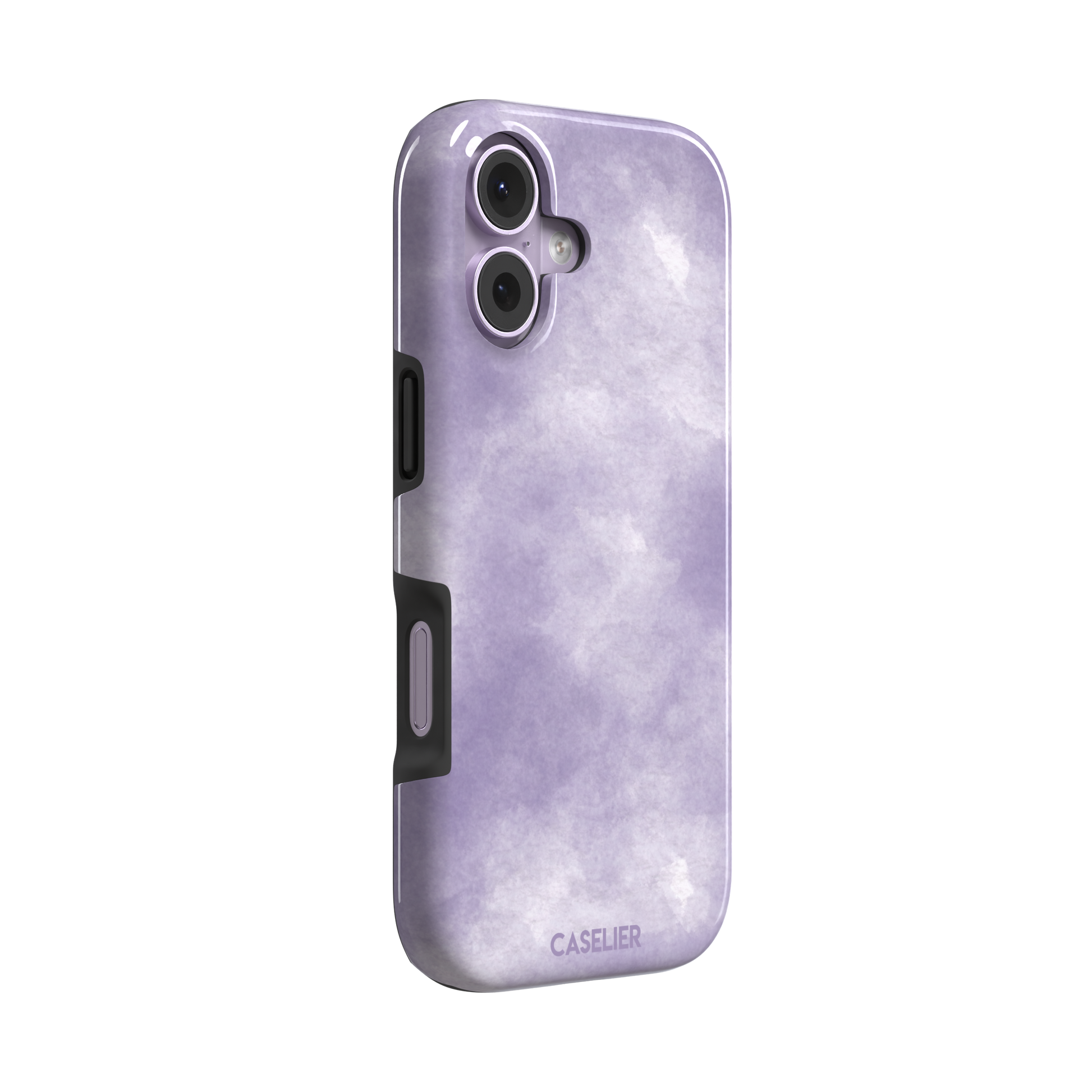 Lavender soft purple watercolor phone case with dreamy white cloud-like blends on an iPhone, phone case by Caselier — tough case, left view