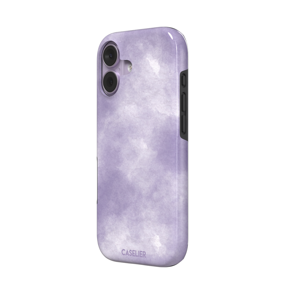 Lavender soft purple watercolor phone case with dreamy white cloud-like blends on an iPhone, phone case by Caselier — tough case, right view