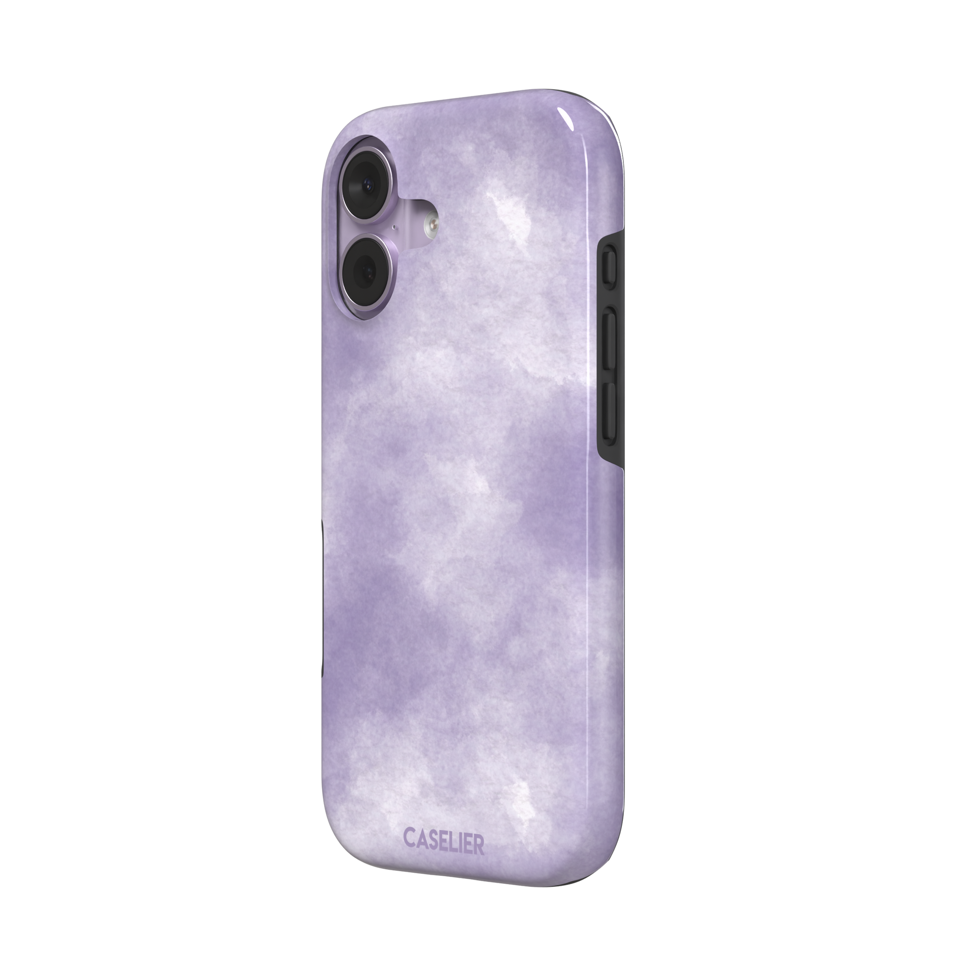 Lavender soft purple watercolor phone case with dreamy white cloud-like blends on an iPhone, phone case by Caselier — tough case, right view