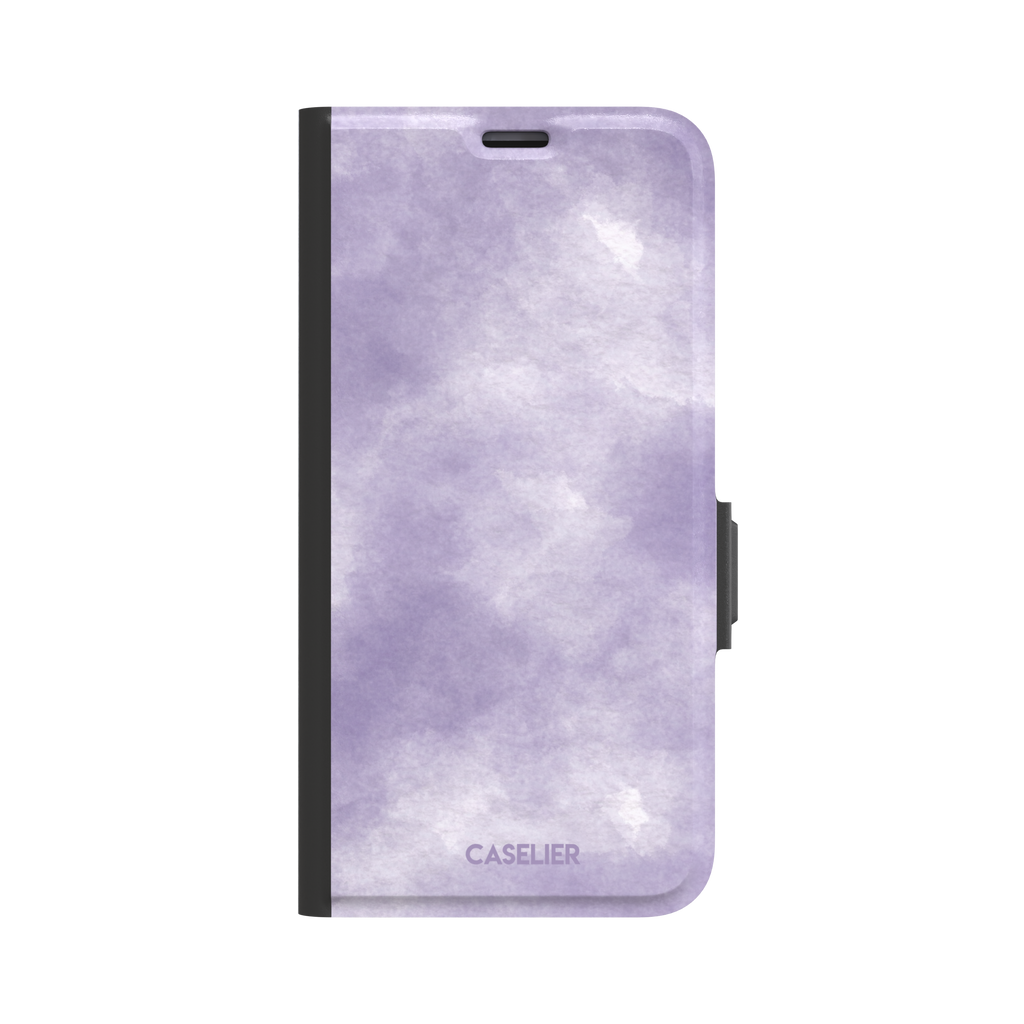 Lavender soft purple watercolor phone case with dreamy white cloud-like blends on an iPhone, phone case by Caselier — wallet case, front view
