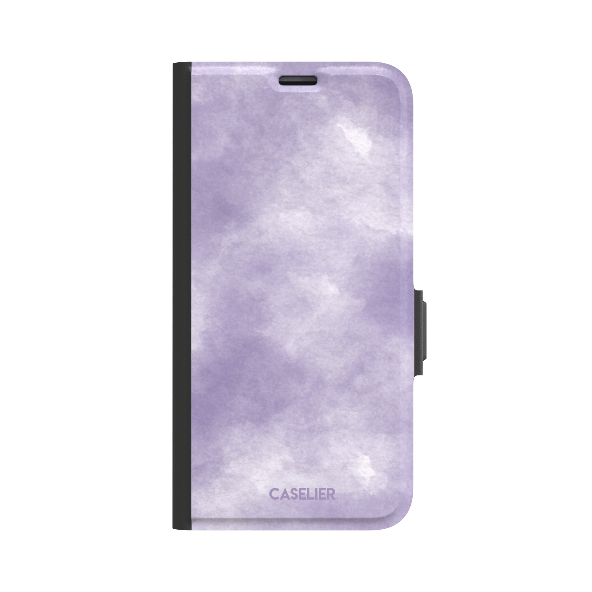 Lavender soft purple watercolor phone case with dreamy white cloud-like blends on an iPhone, phone case by Caselier — wallet case, front view