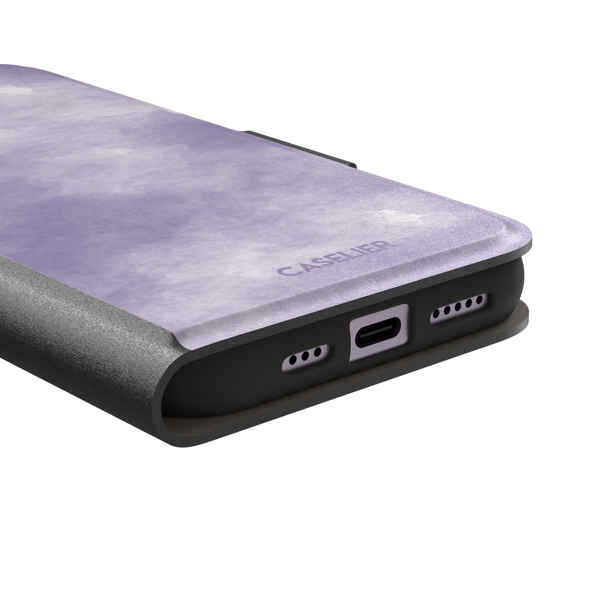 Lavender soft purple watercolor phone case with dreamy white cloud-like blends on an iPhone, phone case by Caselier — wallet case, charging port detail