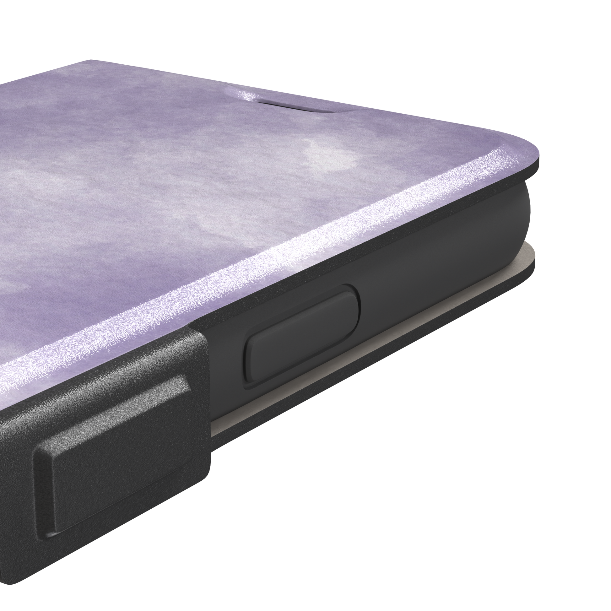 Lavender soft purple watercolor phone case with dreamy white cloud-like blends on an iPhone, phone case by Caselier — wallet case, volume buttons detail