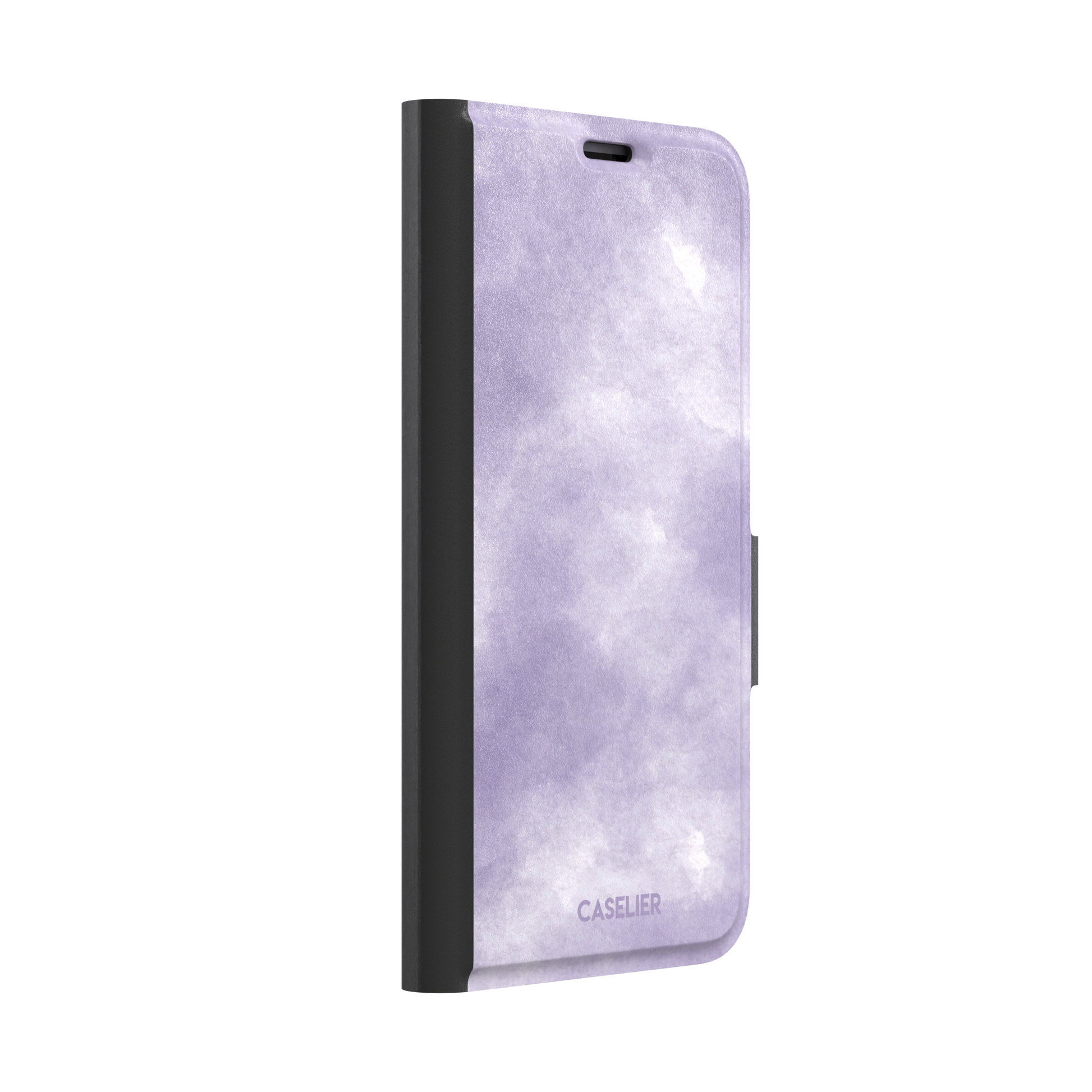 Lavender soft purple watercolor phone case with dreamy white cloud-like blends on an iPhone, phone case by Caselier — wallet case, left view