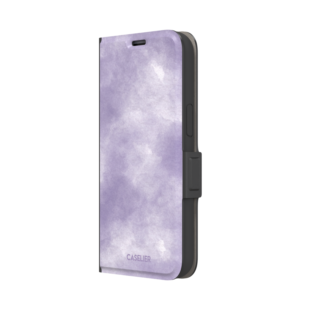 Lavender soft purple watercolor phone case with dreamy white cloud-like blends on an iPhone, phone case by Caselier — wallet case, right view