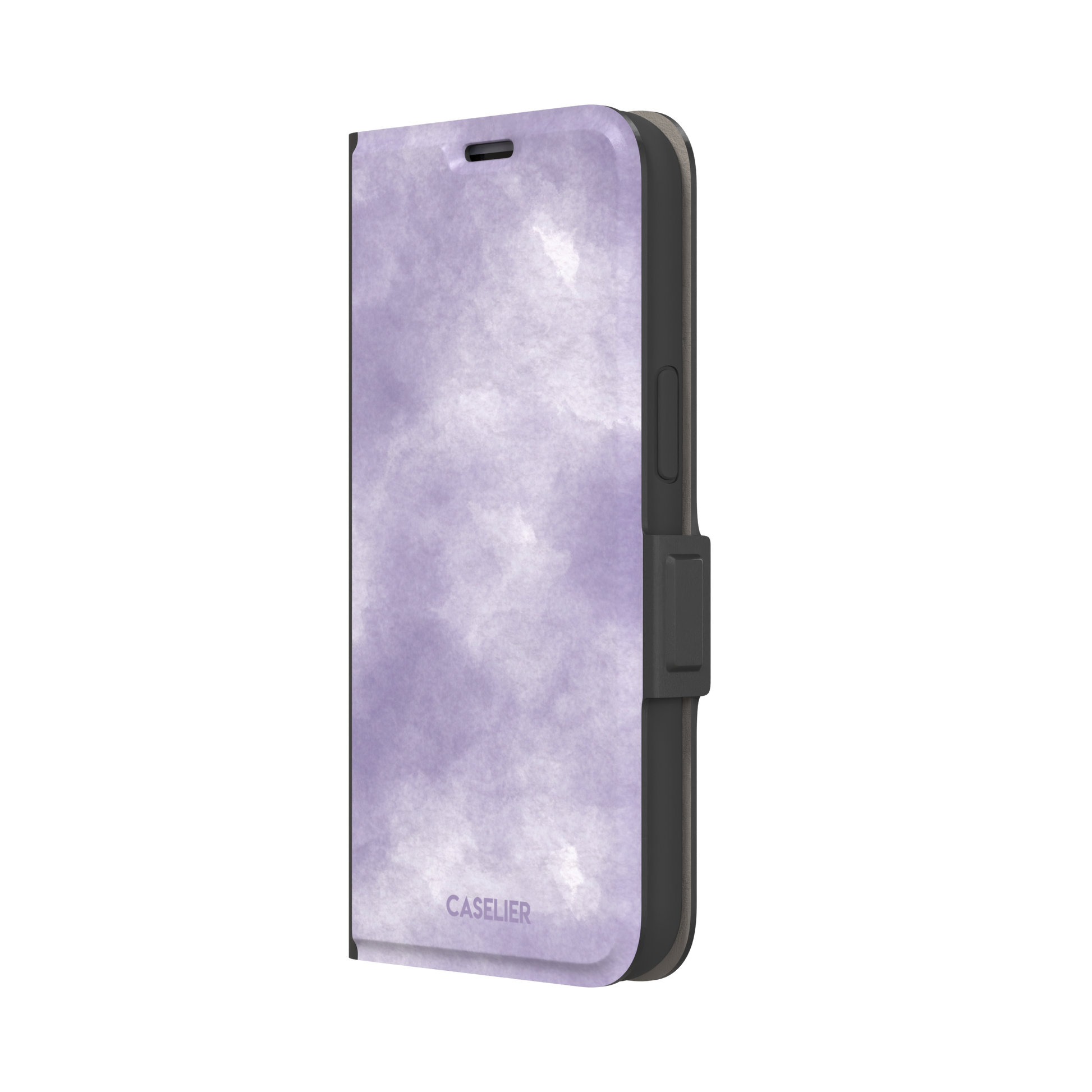 Lavender soft purple watercolor phone case with dreamy white cloud-like blends on an iPhone, phone case by Caselier — wallet case, right view