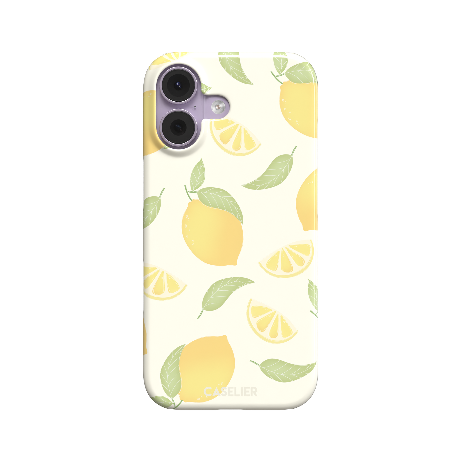 Lemons phone case with a cream background featuring golden whole lemons, lemon slices, and sage green leaves in a repeat pattern, phone case by Caselier — snap case, front view