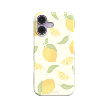 Lemons phone case with a cream background featuring golden whole lemons, lemon slices, and sage green leaves in a repeat pattern, phone case by Caselier — snap case, front view