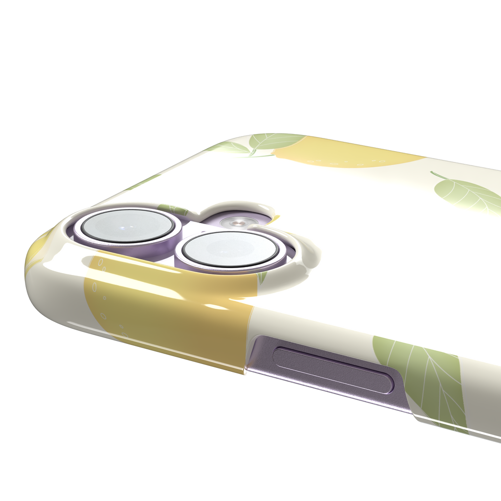 Lemons phone case with a cream background featuring golden whole lemons, lemon slices, and sage green leaves in a repeat pattern, phone case by Caselier — snap case, volume buttons detail