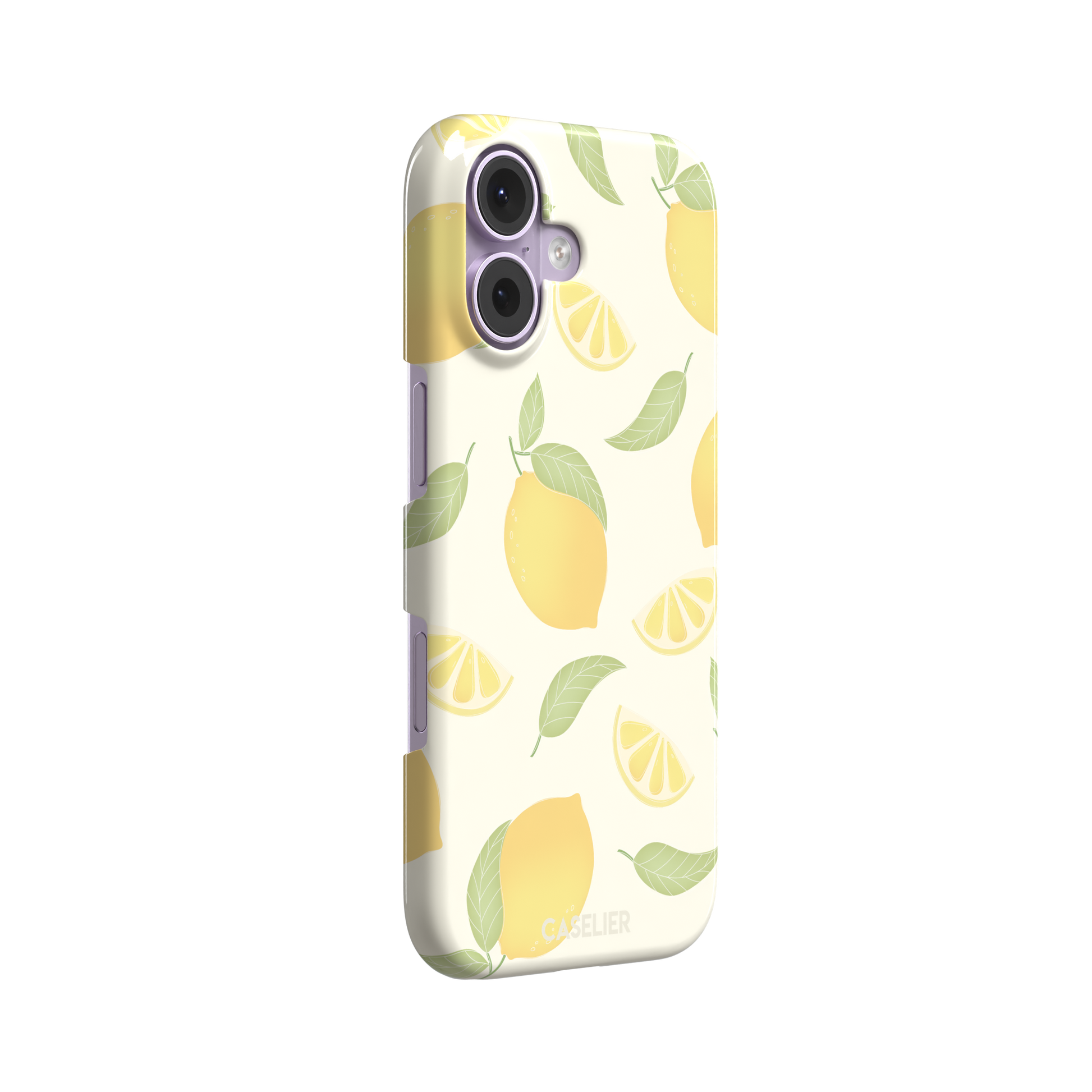 Lemons phone case with a cream background featuring golden whole lemons, lemon slices, and sage green leaves in a repeat pattern, phone case by Caselier — snap case, left view