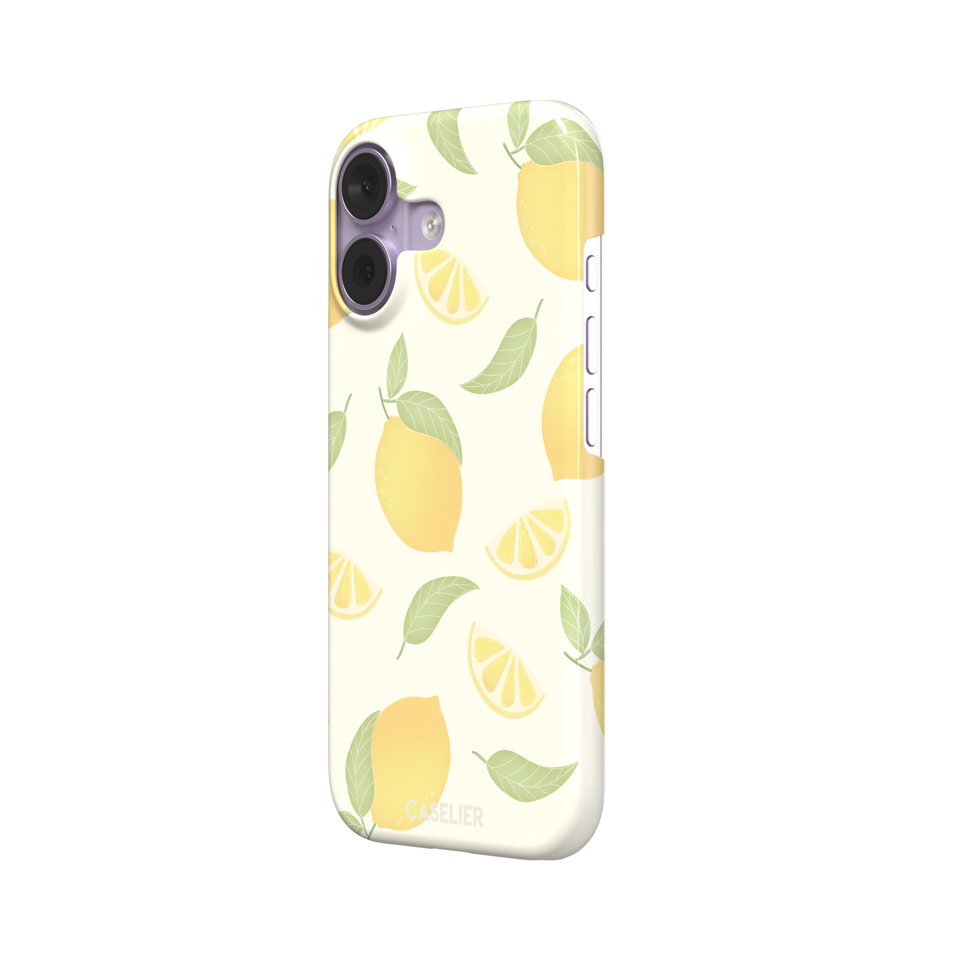 Lemons phone case with a cream background featuring golden whole lemons, lemon slices, and sage green leaves in a repeat pattern, phone case by Caselier — snap case, right view