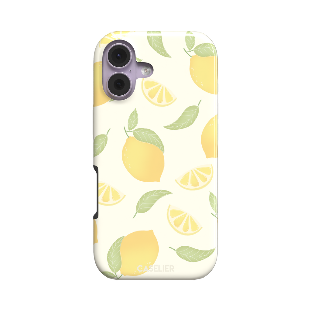 Lemons phone case with a cream background featuring golden whole lemons, lemon slices, and sage green leaves in a repeat pattern, phone case by Caselier — tough case, front view