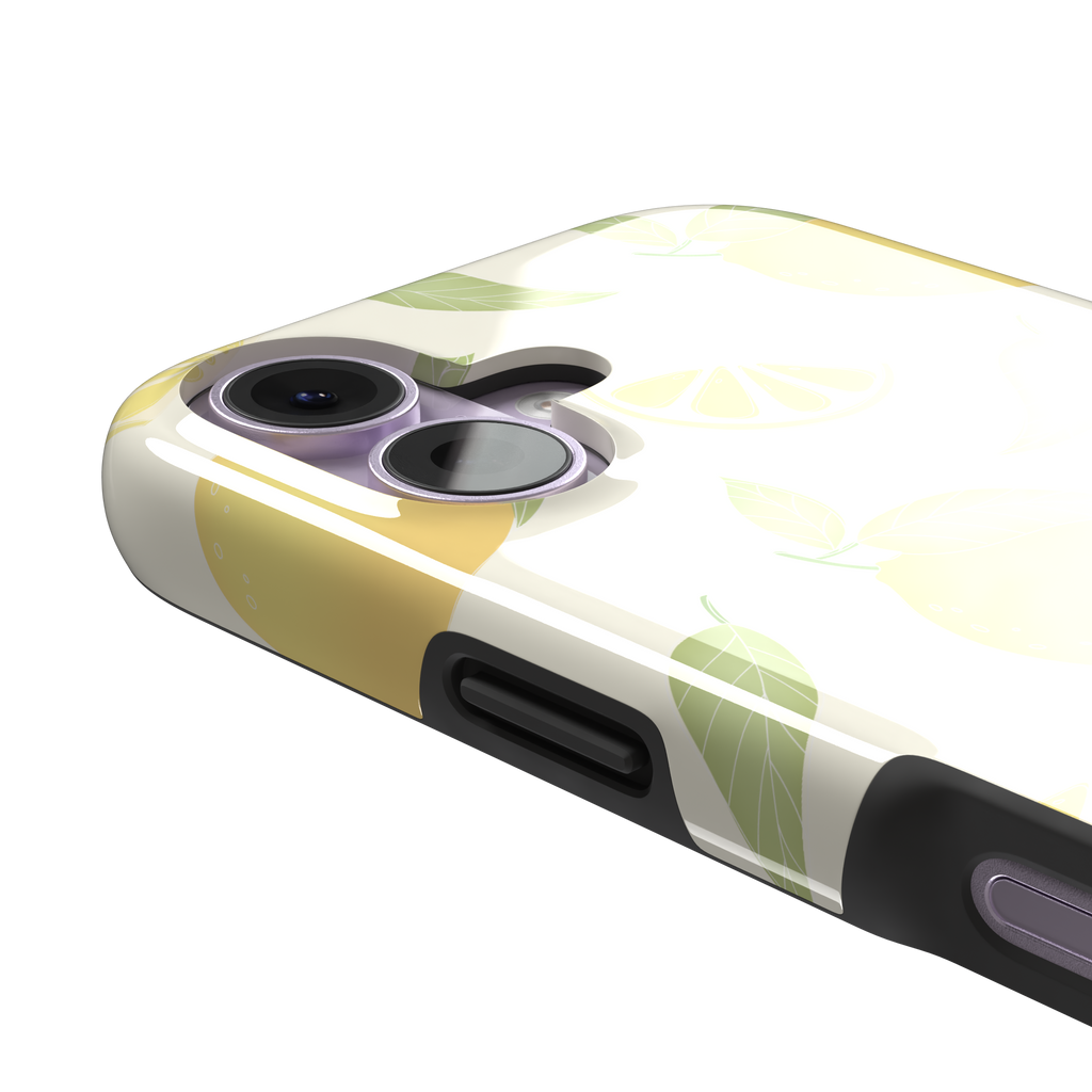 Lemons phone case with a cream background featuring golden whole lemons, lemon slices, and sage green leaves in a repeat pattern, phone case by Caselier — tough case, volume buttons detail