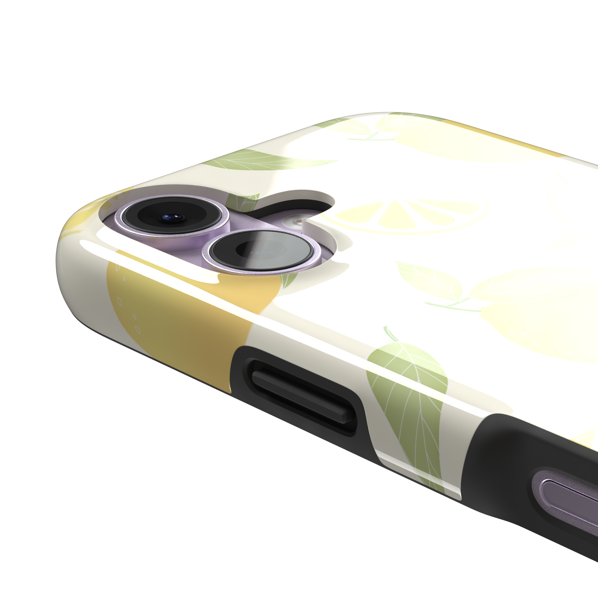 Lemons phone case with a cream background featuring golden whole lemons, lemon slices, and sage green leaves in a repeat pattern, phone case by Caselier — tough case, volume buttons detail