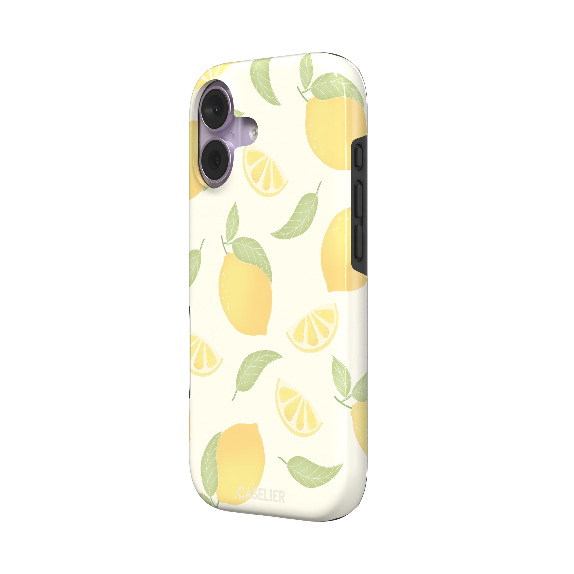 Lemons phone case with a cream background featuring golden whole lemons, lemon slices, and sage green leaves in a repeat pattern, phone case by Caselier — tough case, right view