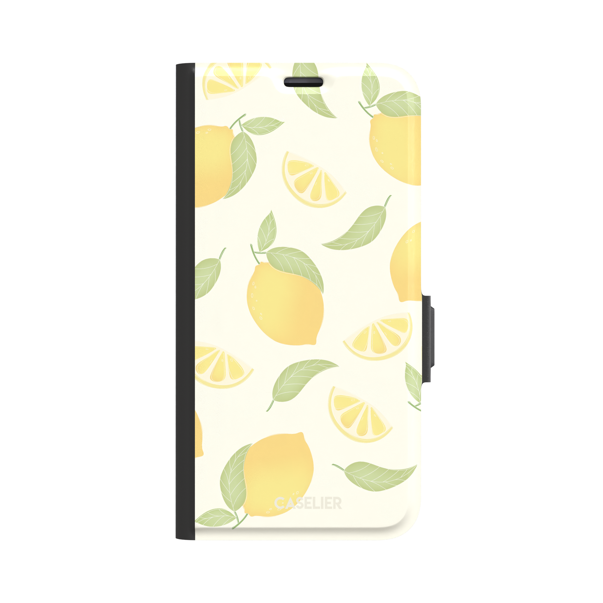 Lemons phone case with a cream background featuring golden whole lemons, lemon slices, and sage green leaves in a repeat pattern, phone case by Caselier — wallet case, front view