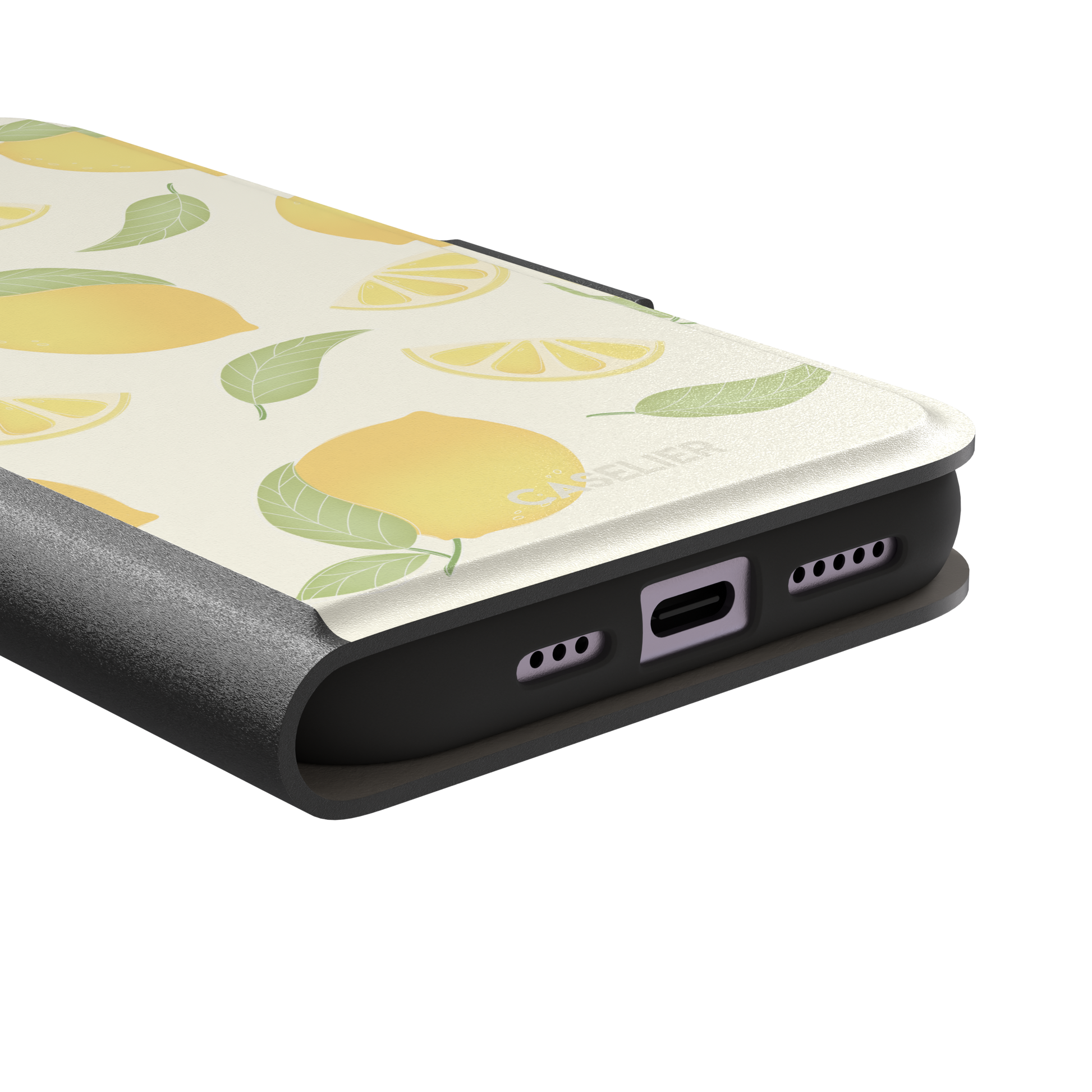 Lemons phone case with a cream background featuring golden whole lemons, lemon slices, and sage green leaves in a repeat pattern, phone case by Caselier — wallet case, charging port detail