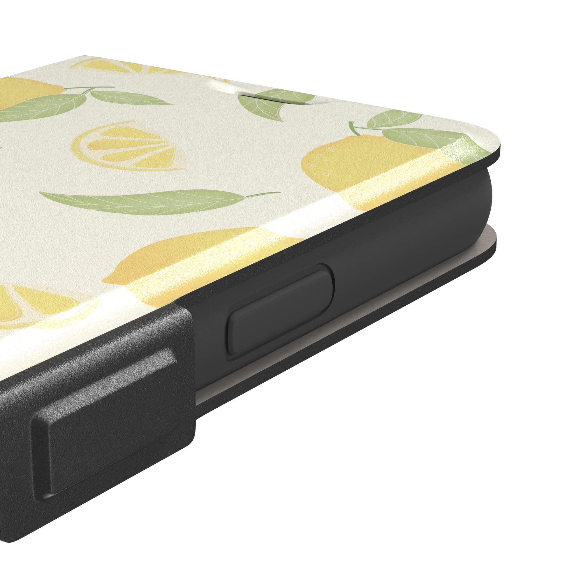 Lemons phone case with a cream background featuring golden whole lemons, lemon slices, and sage green leaves in a repeat pattern, phone case by Caselier — wallet case, volume buttons detail