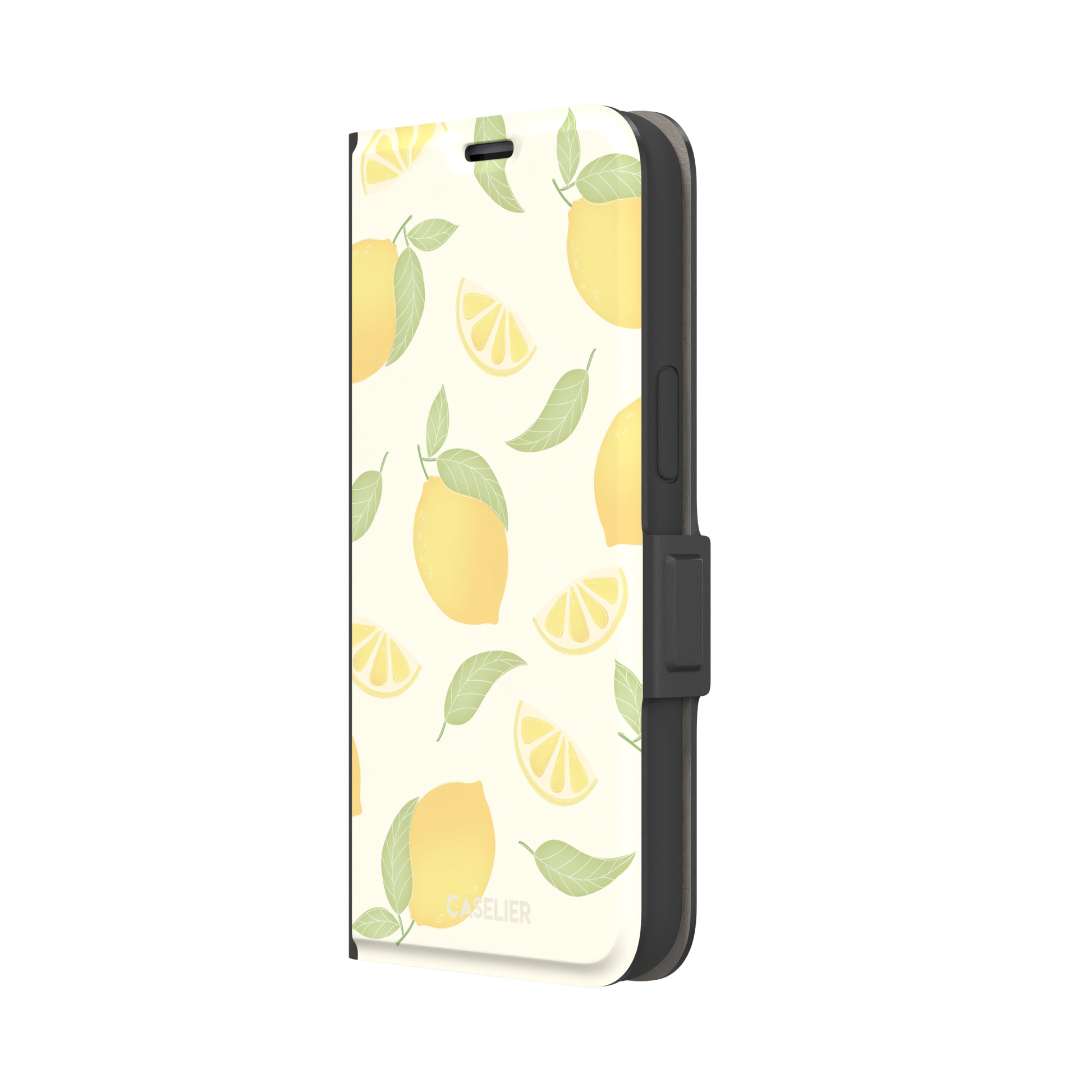 Lemons phone case with a cream background featuring golden whole lemons, lemon slices, and sage green leaves in a repeat pattern, phone case by Caselier — wallet case, right view
