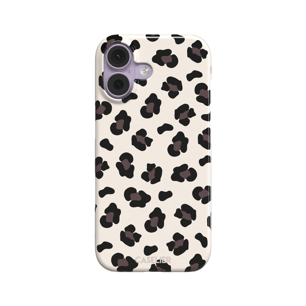 Leopard print phone case in black and dark brown spots on warm cream background, color variant, phone case by Caselier — snap case, front view