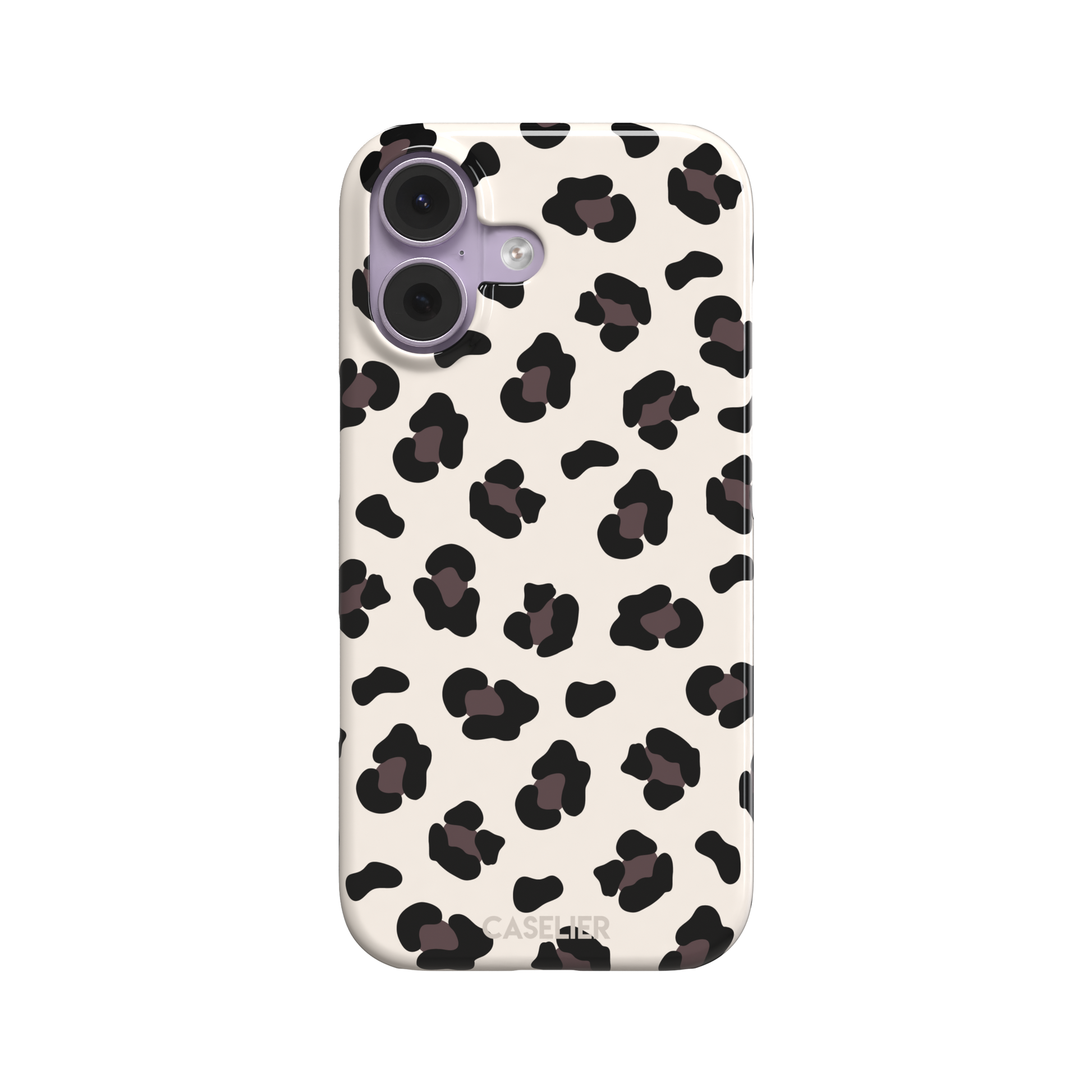 Leopard print phone case in black and dark brown spots on warm cream background, color variant, phone case by Caselier — snap case, front view