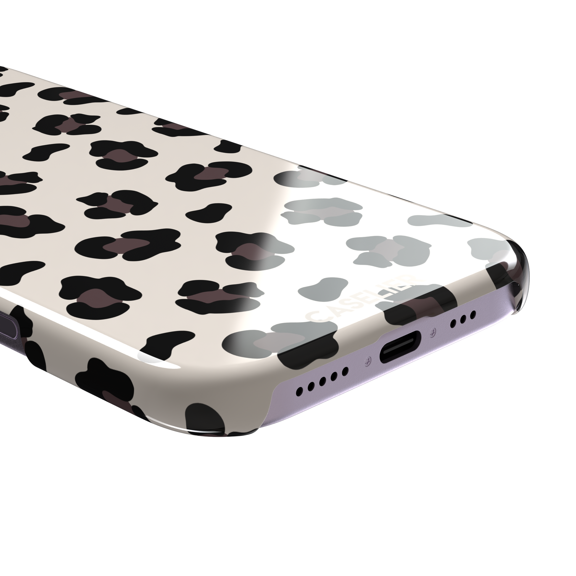 Leopard print phone case in black and dark brown spots on warm cream background, color variant, phone case by Caselier — snap case, charging port detail