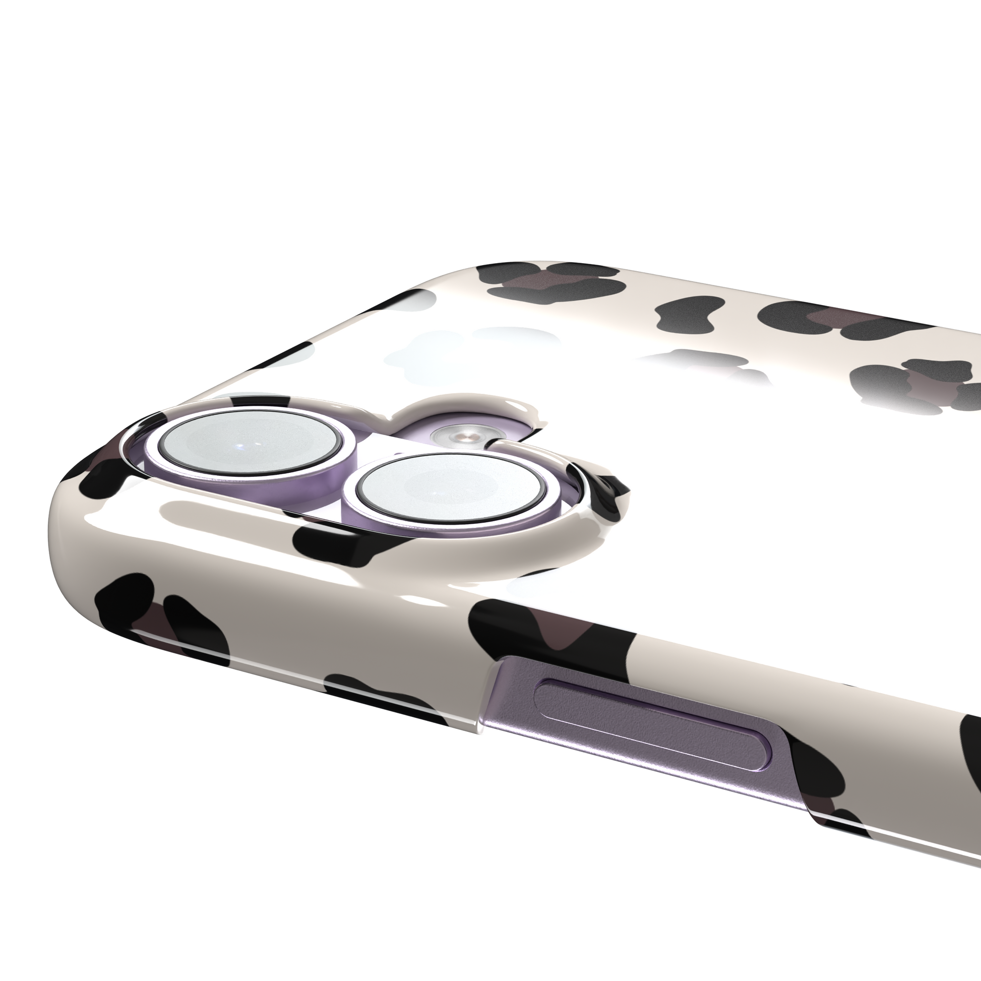 Leopard print phone case in black and dark brown spots on warm cream background, color variant, phone case by Caselier — snap case, volume buttons detail