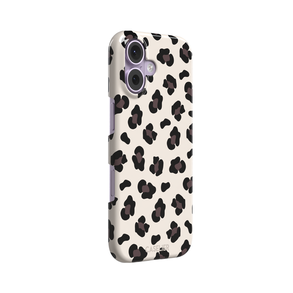 Leopard print phone case in black and dark brown spots on warm cream background, color variant, phone case by Caselier — snap case, left view