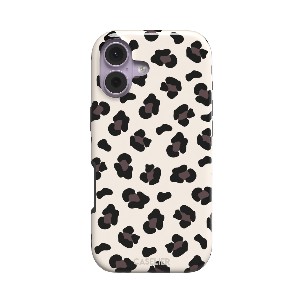 Leopard print phone case in black and dark brown spots on warm cream background, color variant, phone case by Caselier — tough case, front view