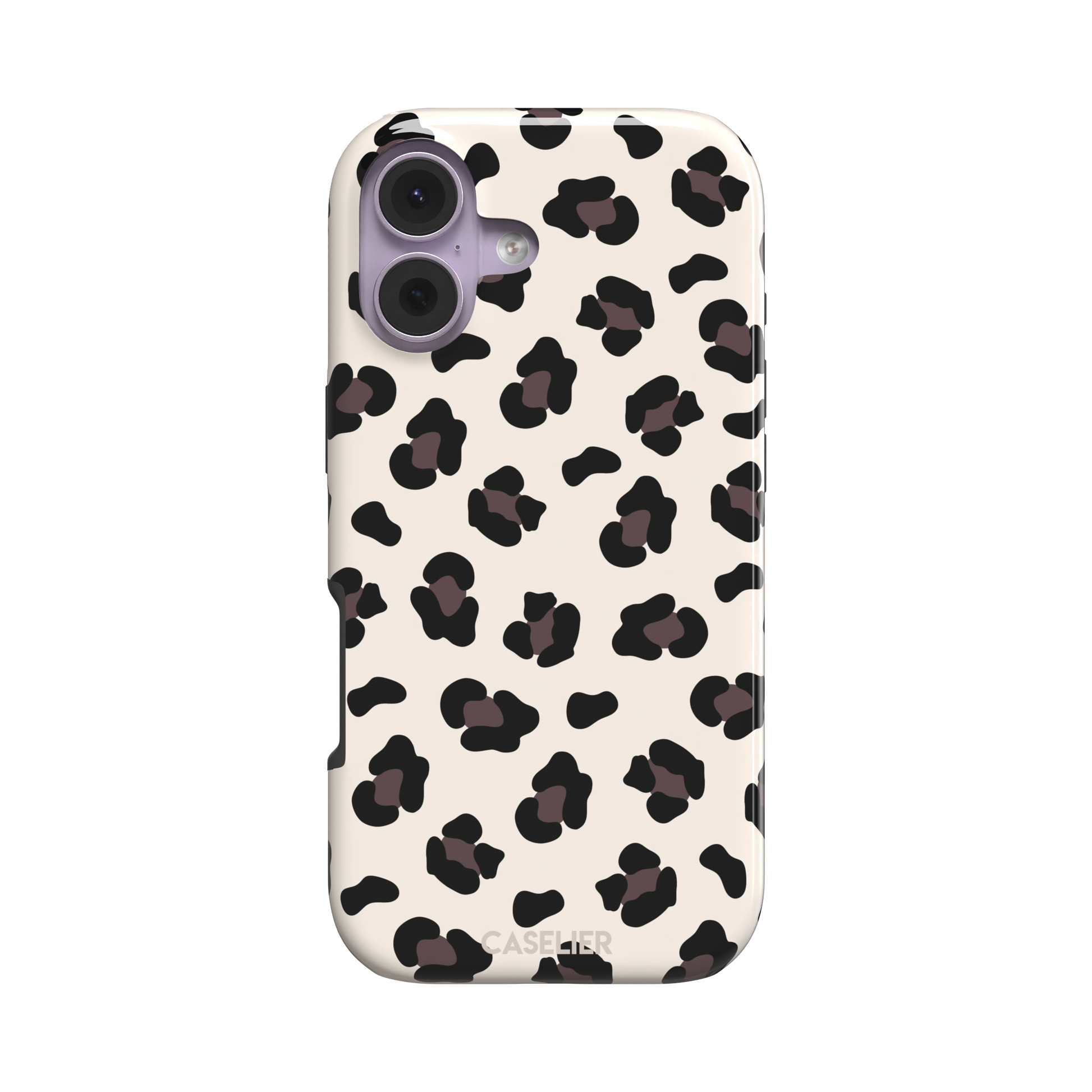Leopard print phone case in black and dark brown spots on warm cream background, color variant, phone case by Caselier — tough case, front view