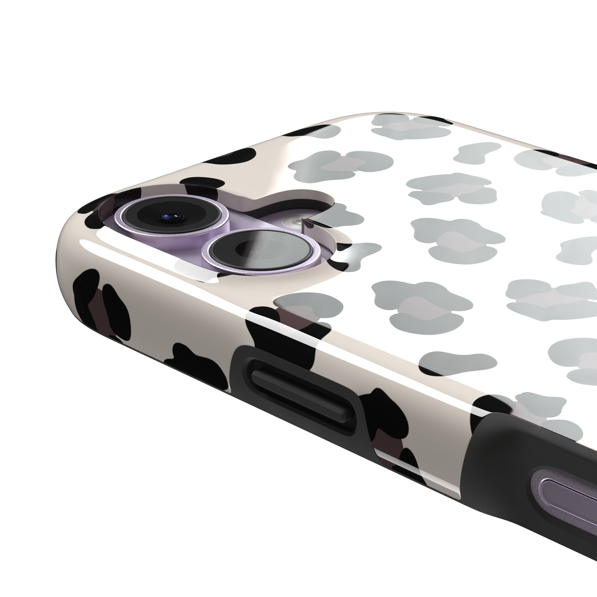Leopard print phone case in black and dark brown spots on warm cream background, color variant, phone case by Caselier — tough case, volume buttons detail