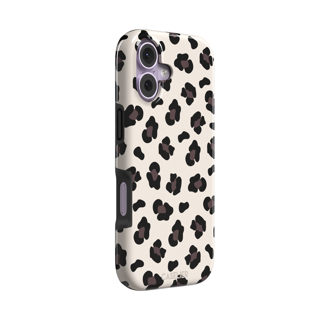 Leopard print phone case in black and dark brown spots on warm cream background, color variant, phone case by Caselier — tough case, left view