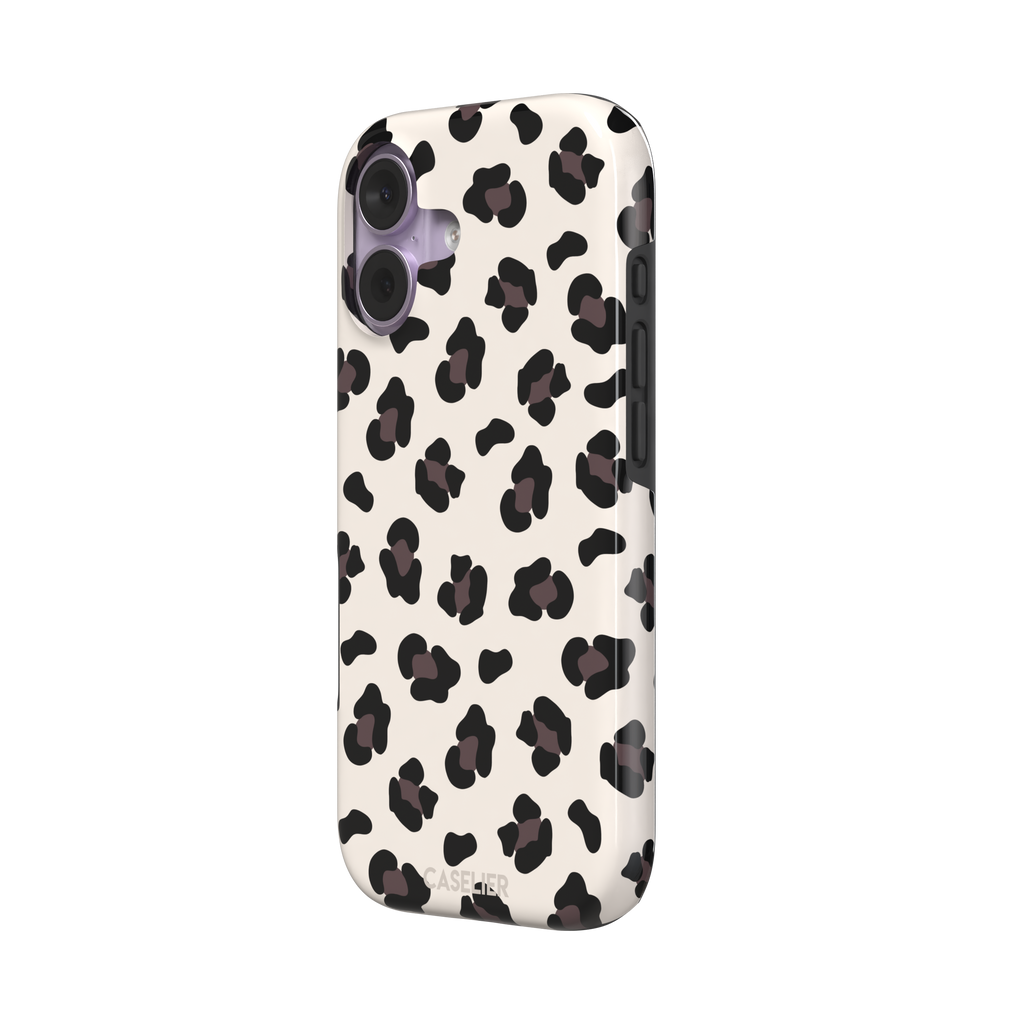 Leopard print phone case in black and dark brown spots on warm cream background, color variant, phone case by Caselier — tough case, right view